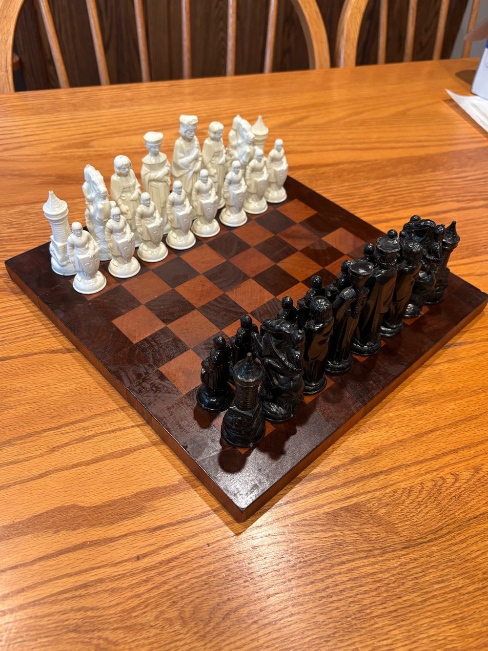 Vintage chess set, wooden chess board and plastic ANRI medieval chess pieces